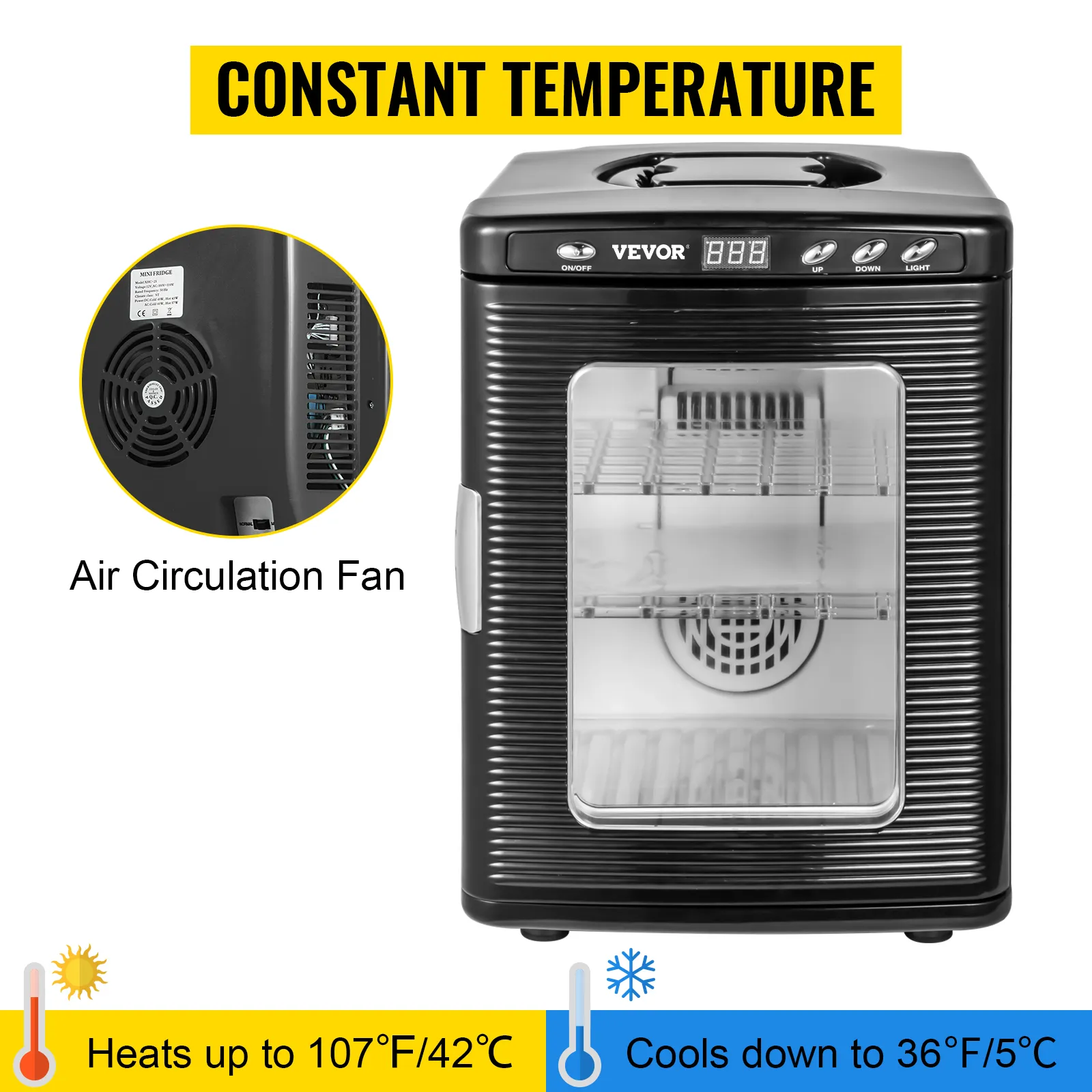 VEVOR reptile incubator with air circulation fan, heating to 107°f, cooling to 36°f.