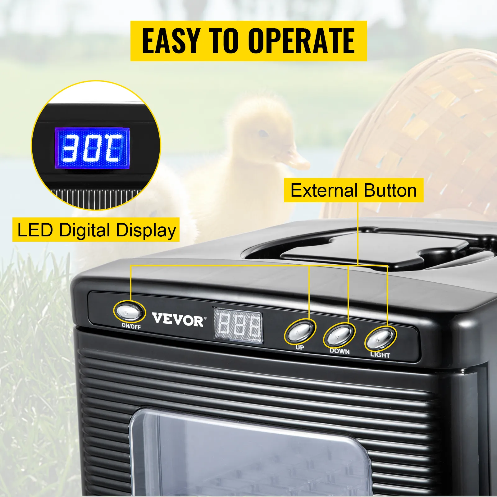 VEVOR reptile incubator with led digital display, buttons, and a duck background.