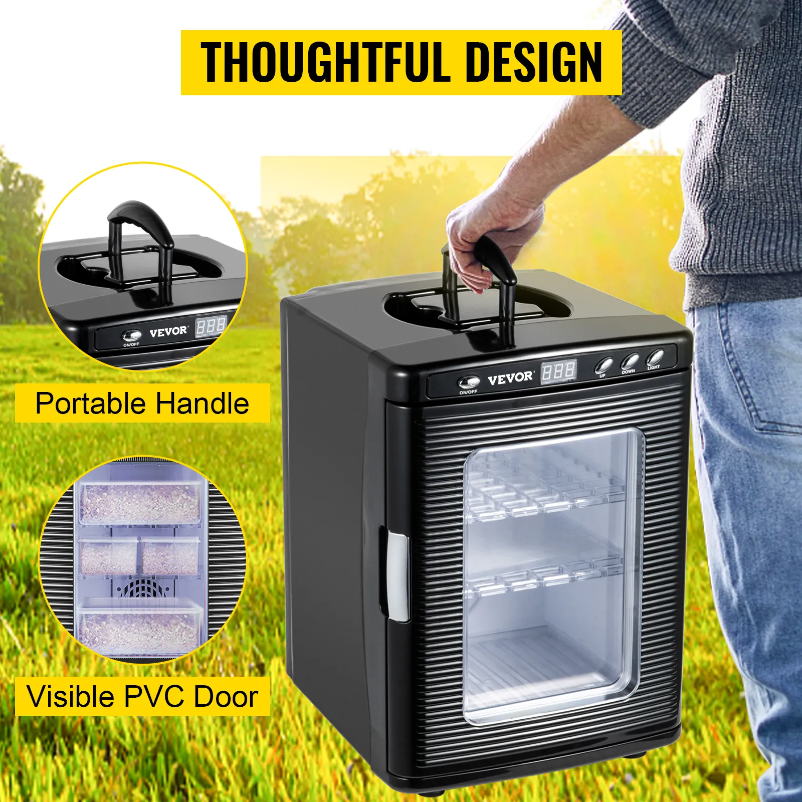 VEVOR reptile incubator with portable handle and visible pvc door, thoughtful design.