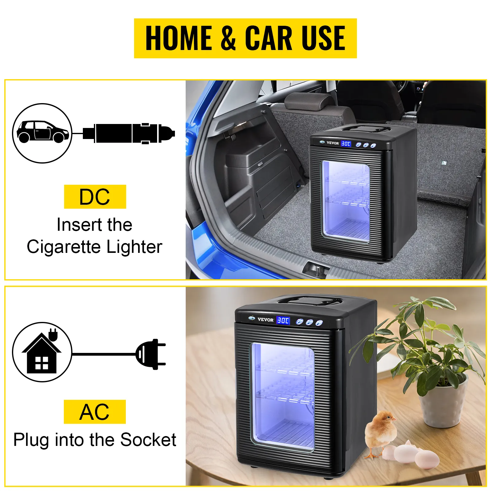 VEVOR reptile incubator for home and car use with dc and ac power options.