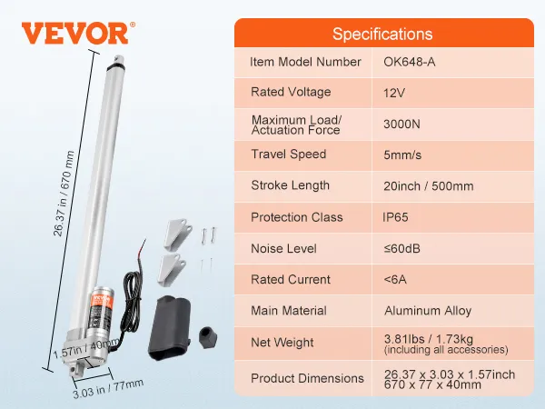 VEVOR linear actuator specifications, dimensions, accessories, and key features like 3000n load force.