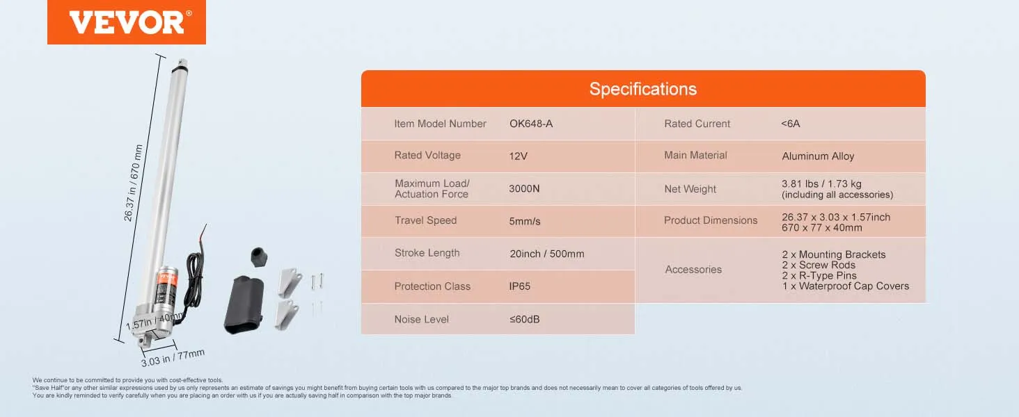 VEVOR linear actuator specifications, dimensions, accessories, and key features like 3000n load force.