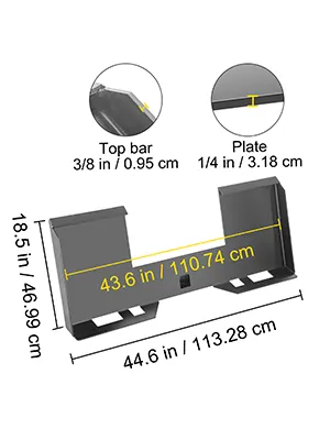 VEVOR skid steer mount plate with dimensions and labeled thickness of top bar and plate.