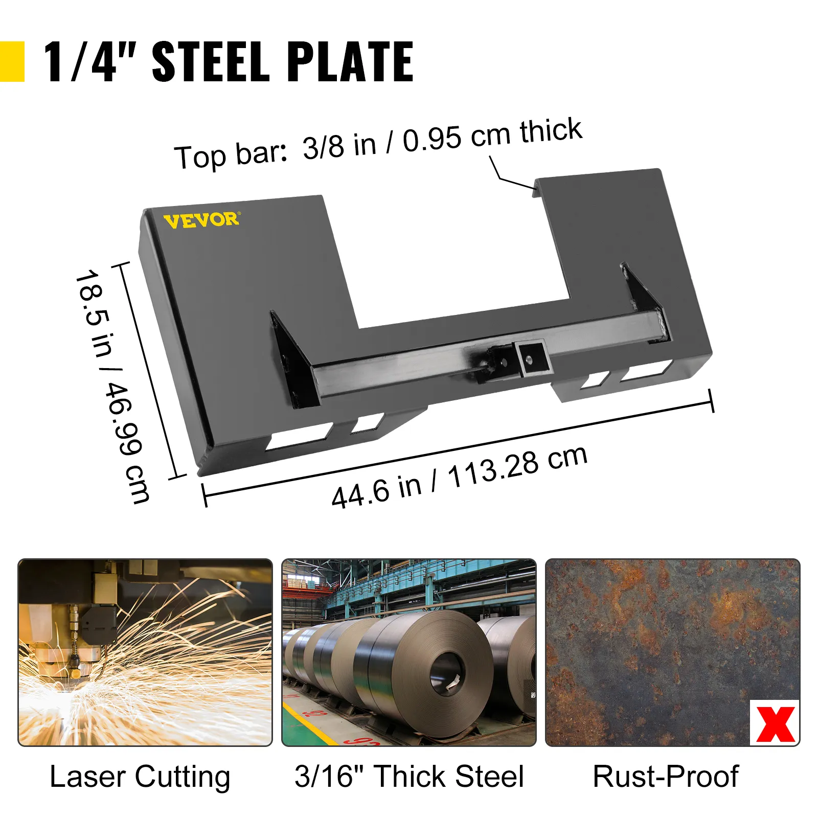 VEVOR skid steer mount plate with dimensions and rust-proof 3/16" thick steel.