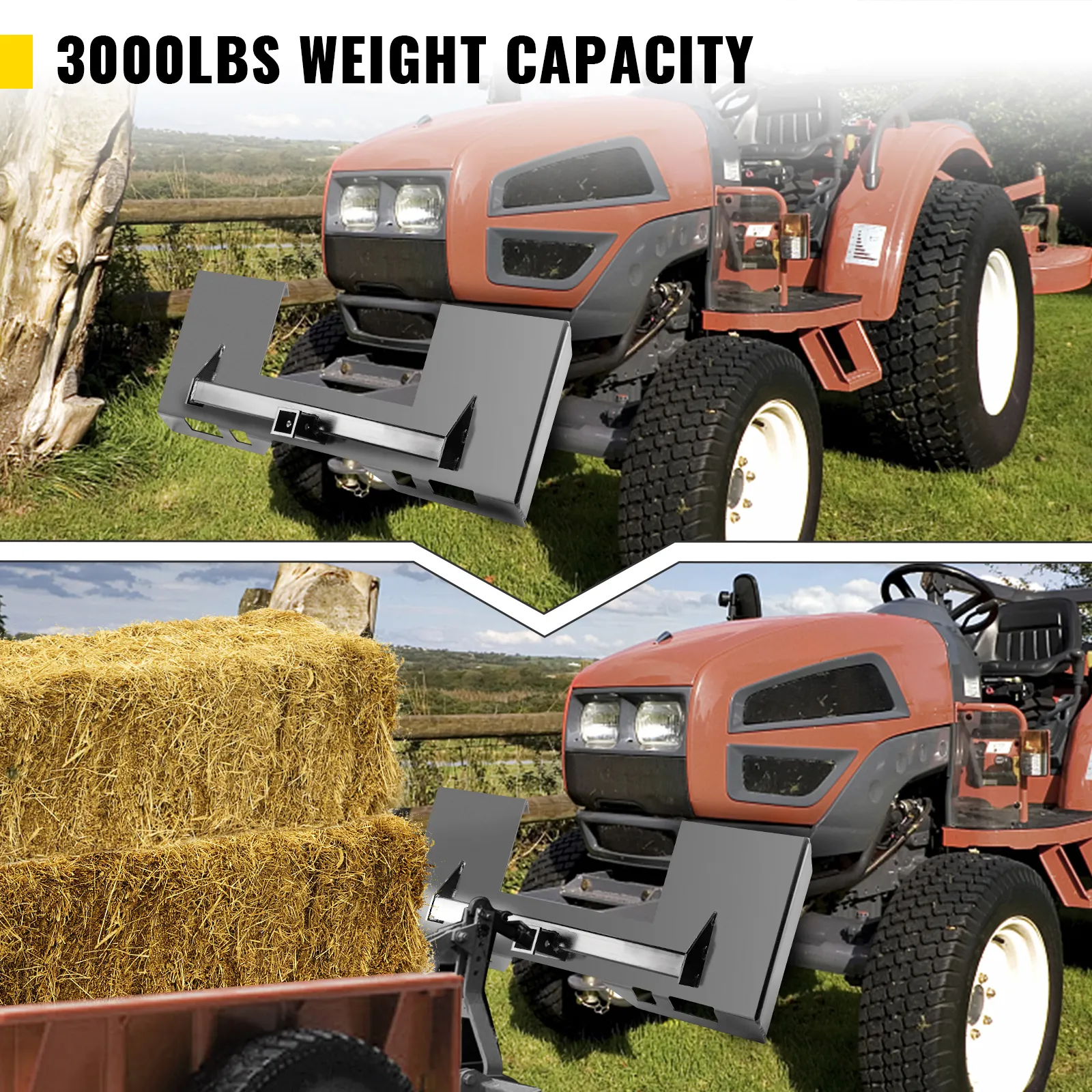 tractor with VEVOR skid steer mount plate lifting hay bales, 3000lbs weight capacity.
