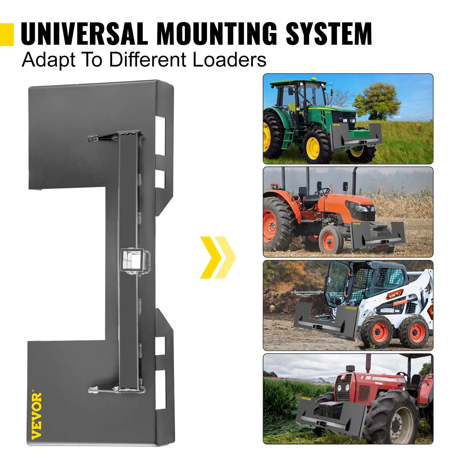 VEVOR skid steer mount plate attached to various types of farm tractors and loaders.