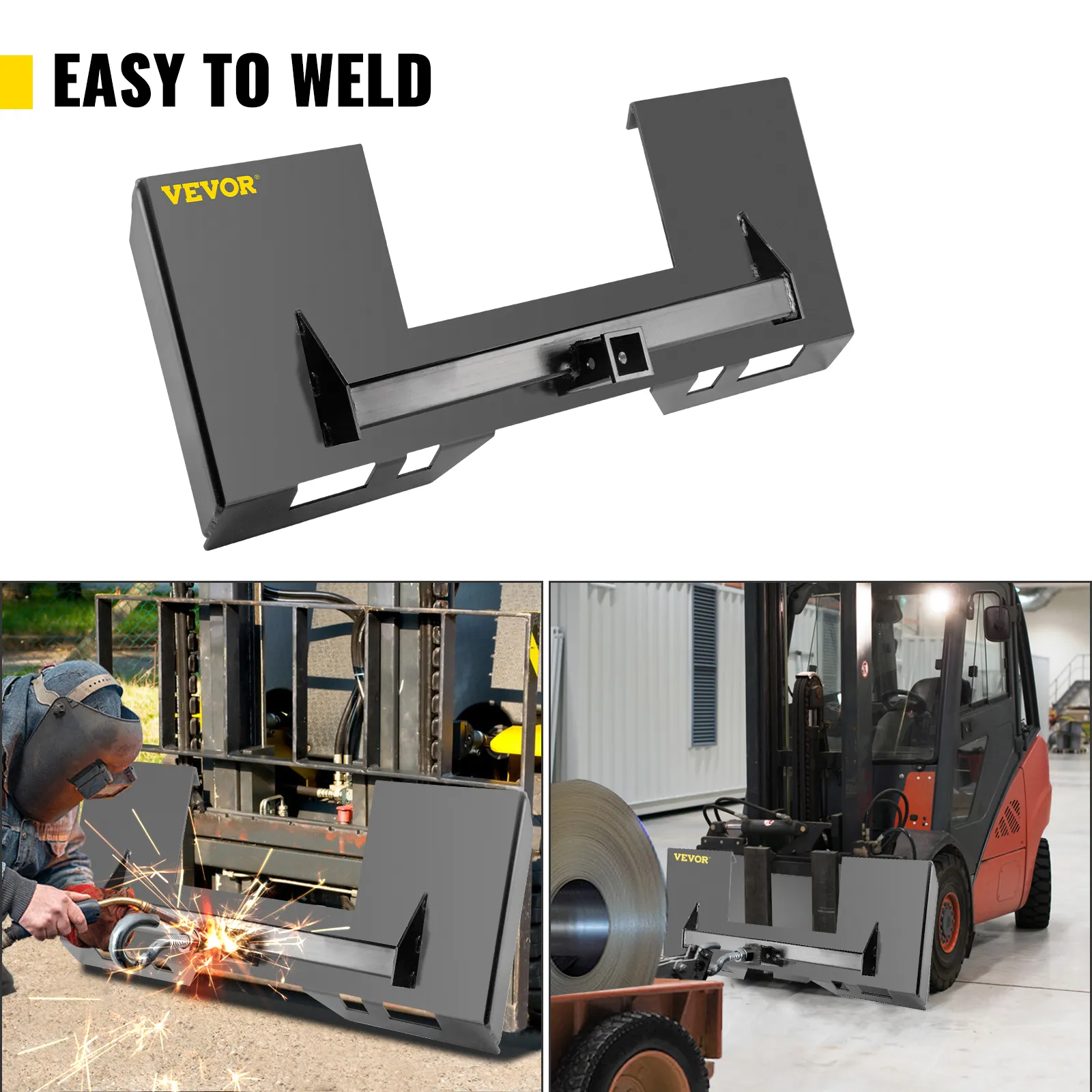 VEVOR skid steer mount plate, easy to weld, shown in various applications.