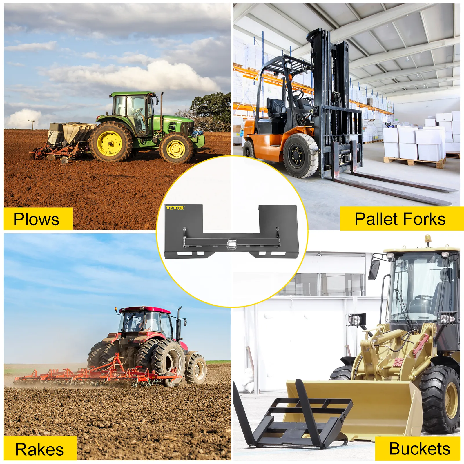 VEVOR skid steer mount plate with tractors using plows, rakes, pallet forks, and buckets.