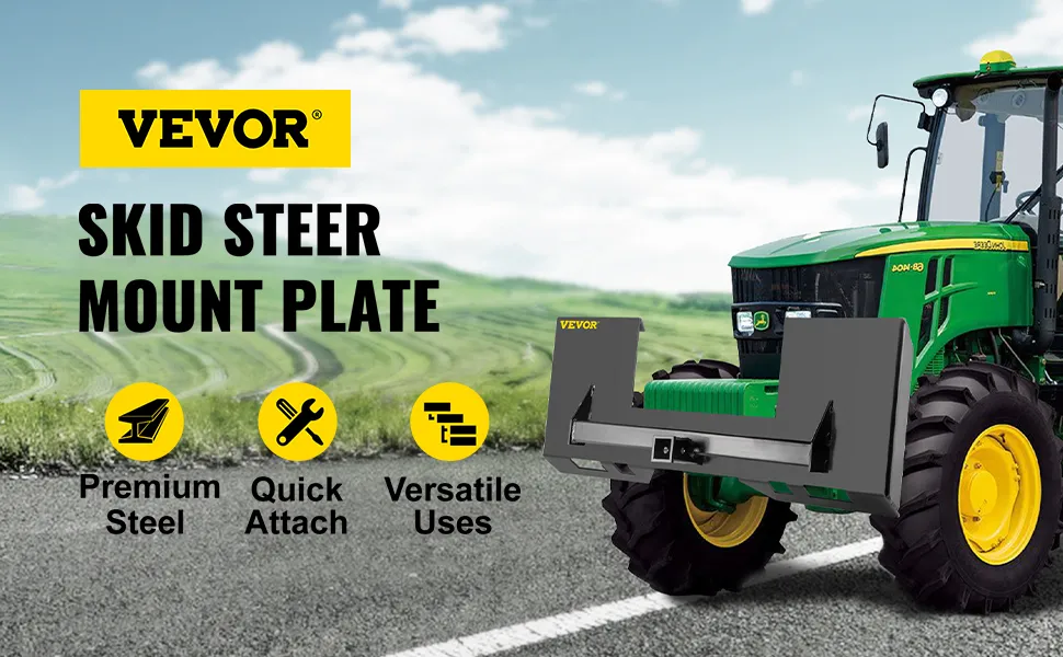 VEVOR skid steer mount plate on green tractor with premium steel, quick attach, versatile uses.