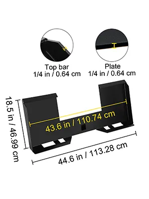 VEVOR skid steer mount plate dimensions: 44.6 in width, 18.5 in height, 1/4 in thickness.