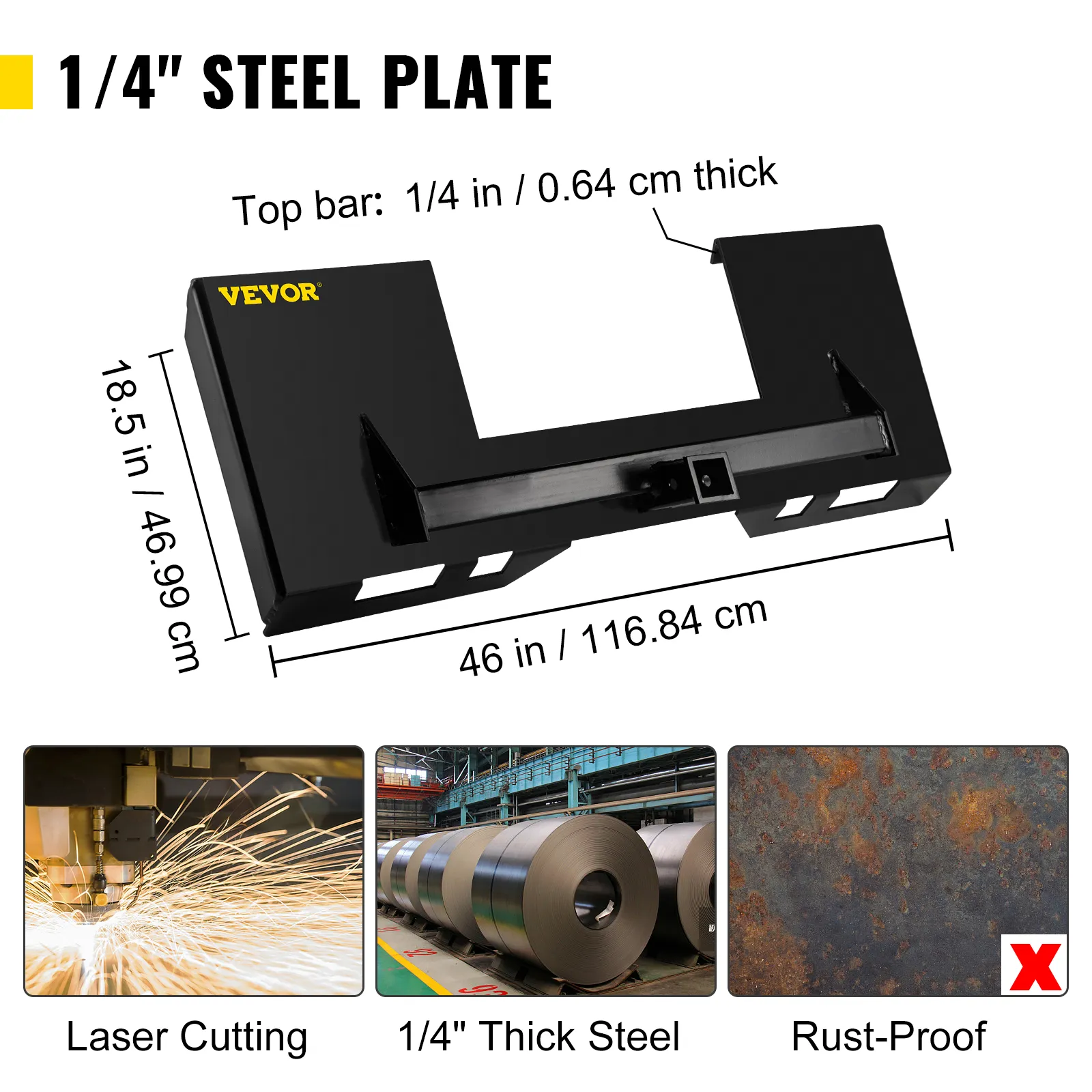 VEVOR skid steer mount plate, 1/4" thick steel, 18.5"x46", laser cut, rust-proof.