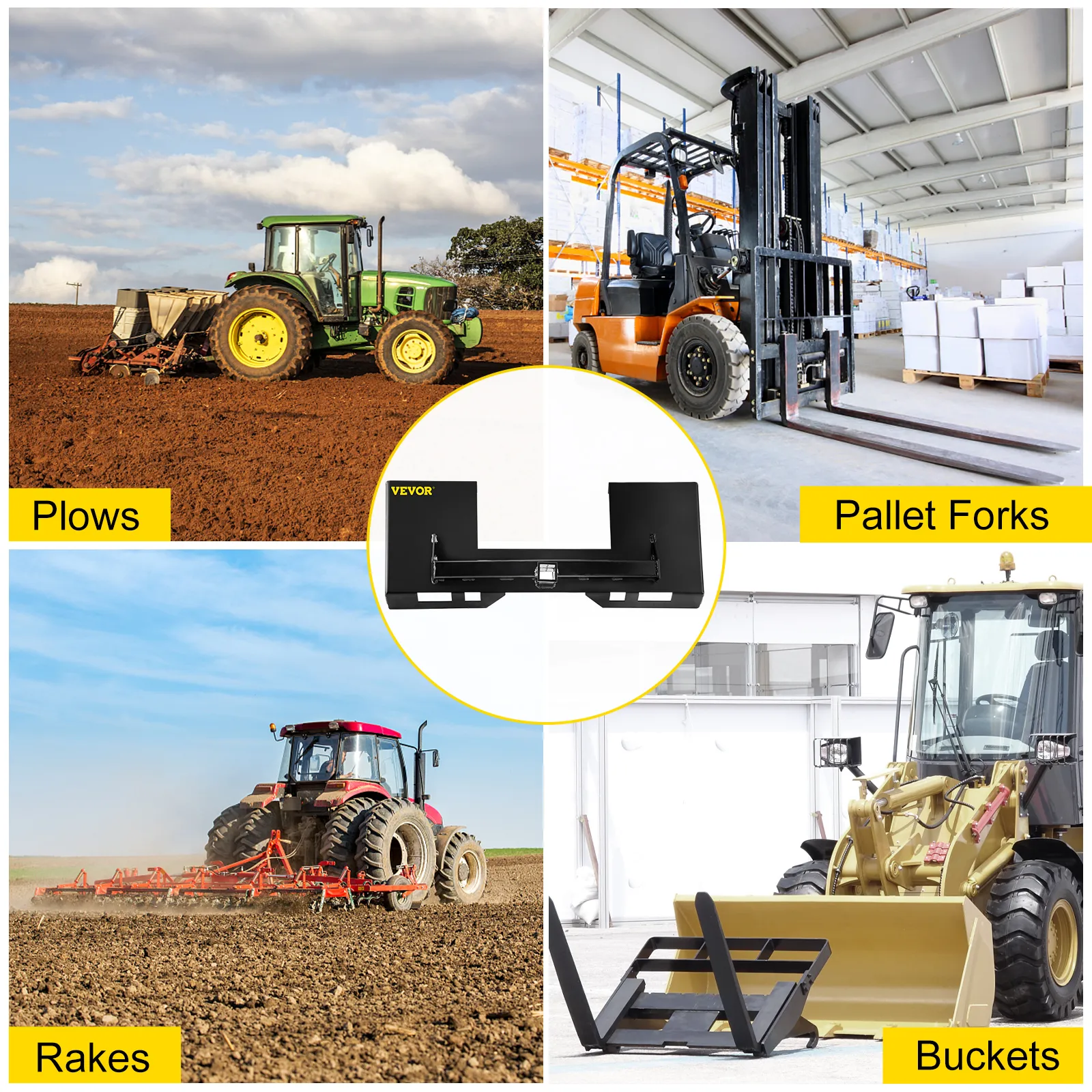 VEVOR skid steer mount plate with plows, pallet forks, rakes, and buckets in use.
