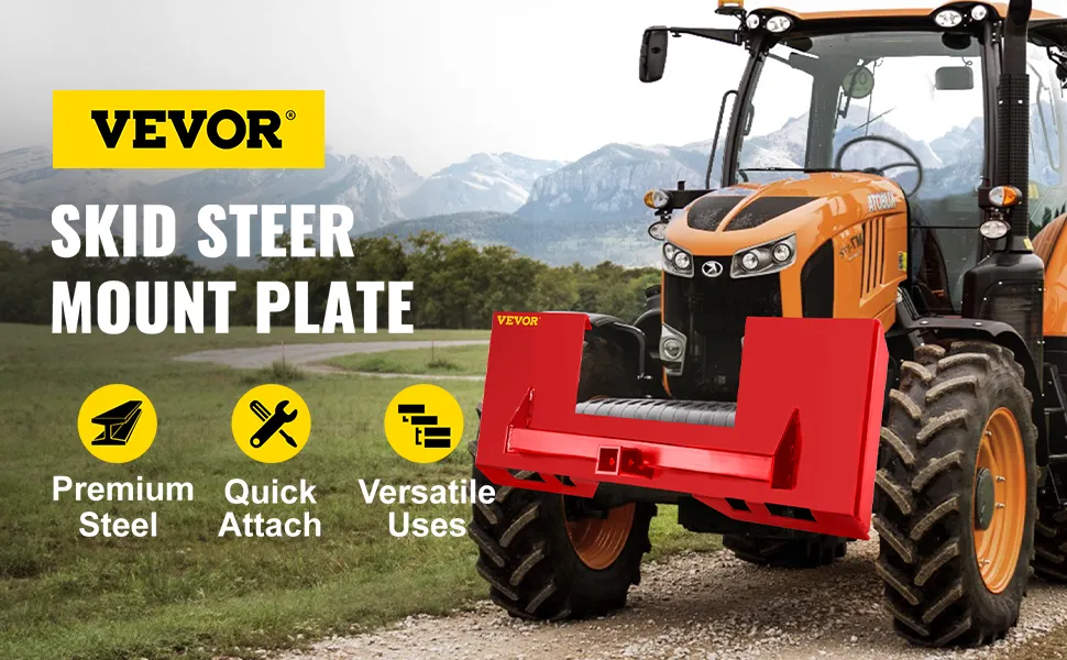 tractor with VEVOR skid steer mount plate on a rural path, featuring premium steel.
