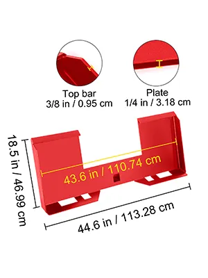 VEVOR skid steer mount plate dimensions and close-up details on top bar and plate thickness.