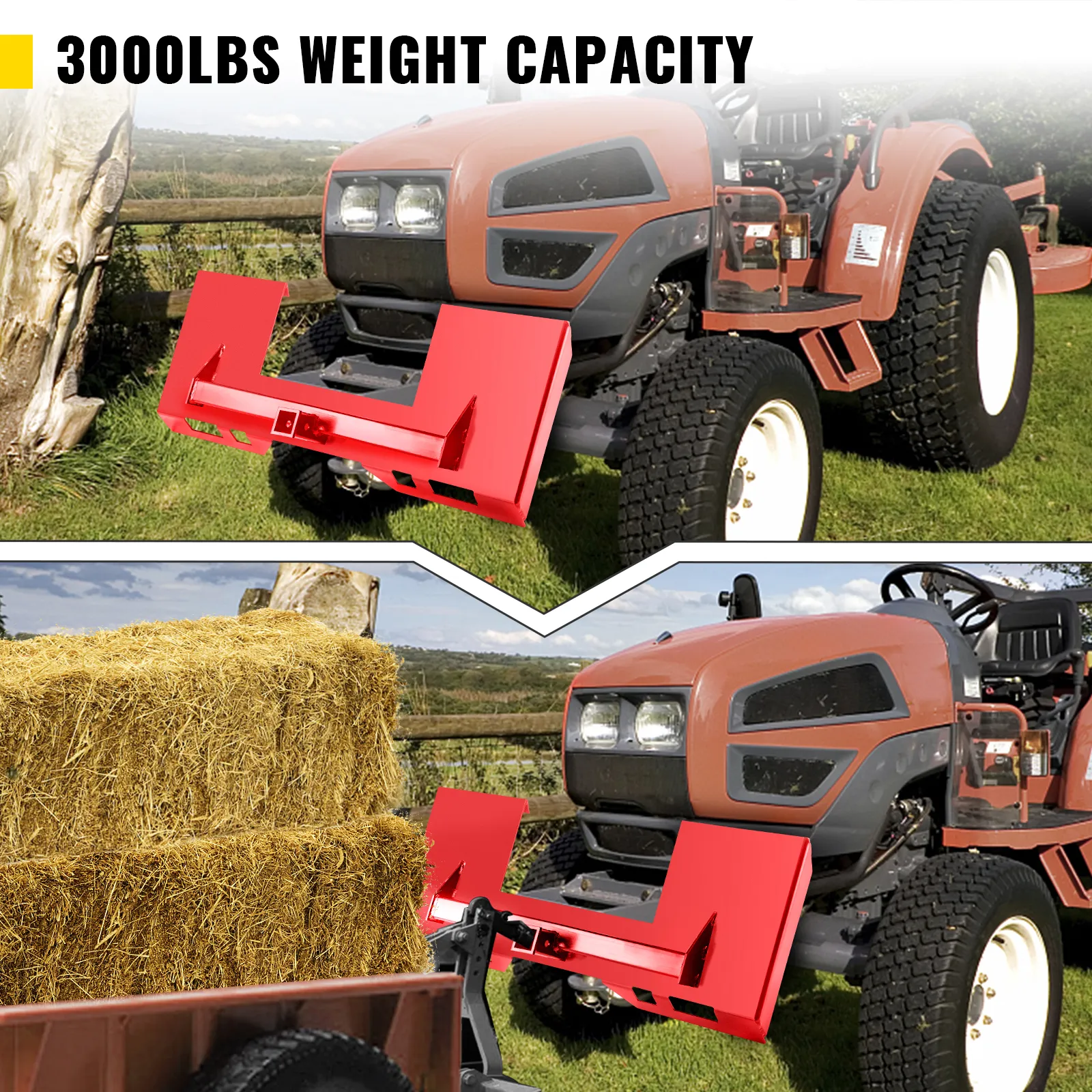 VEVOR skid steer mount plate with 3000lbs weight capacity on red tractor.