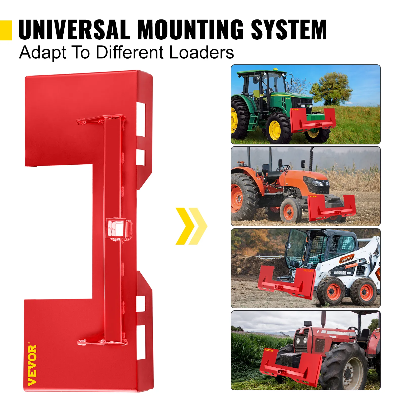 VEVOR skid steer mount plate compatible with various loaders, shown in multiple application scenarios.
