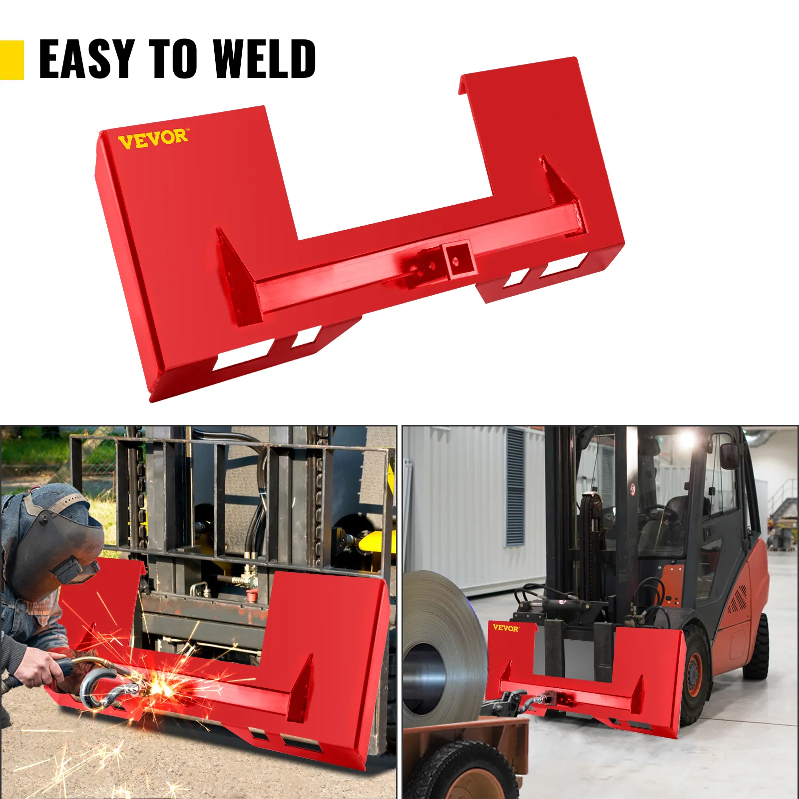 VEVOR skid steer mount plate being welded, attached to forklift, and used for transportation.