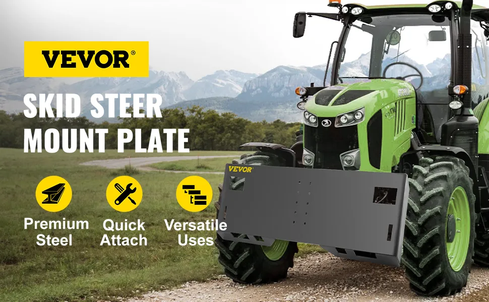 Placa de montaje de dirección deslizante VEVOR en tractor verde, que promueve acero de primera calidad, conexión rápida, usos versátiles.