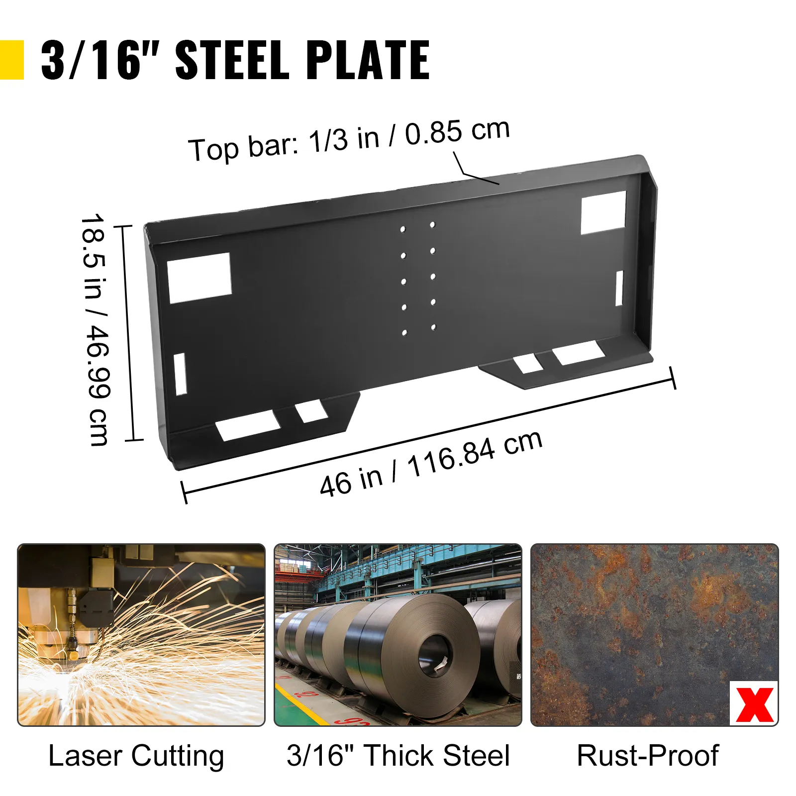Placa de montaje para minicargadora VEVOR, acero de 3/16", cortada con láser, 46 x 18,5 pulgadas, a prueba de óxido.