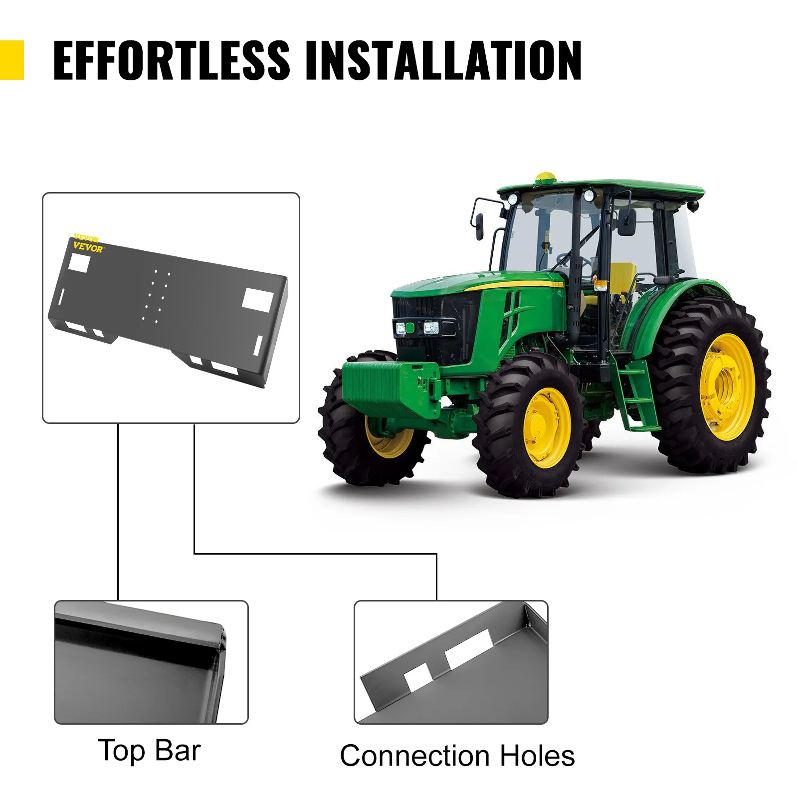 Placa de montaje de dirección deslizante VEVOR que muestra la barra superior, los orificios de conexión y el tractor verde.