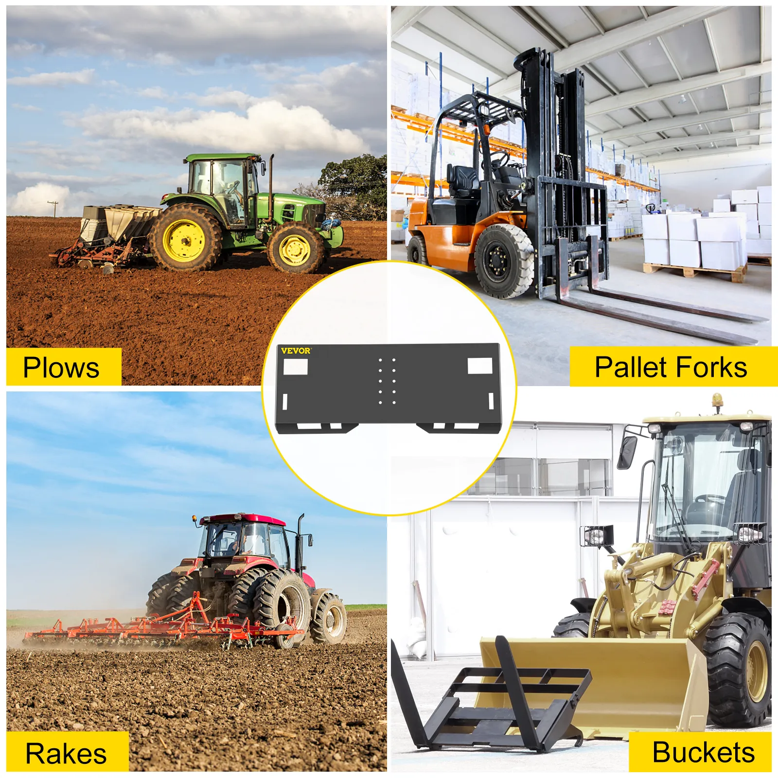 Placa de montaje de dirección deslizante VEVOR con arados, horquillas para paletas, rastrillos y cucharones en uso.