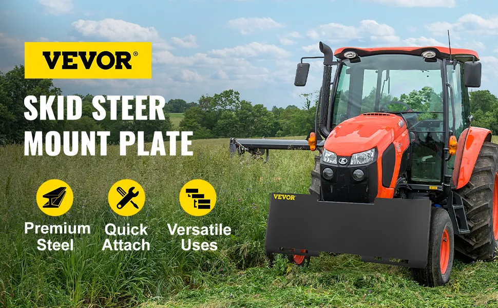 VEVOR skid steer mount plate on red tractor in field with icons for features.