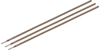 three brown welding rods with pointed ends on a white background.