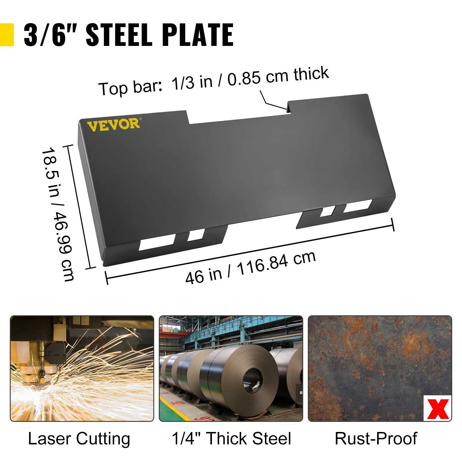 VEVOR skid steer mount plate, 3/6" steel, 46x18.5 in, laser cut, rust-proof.