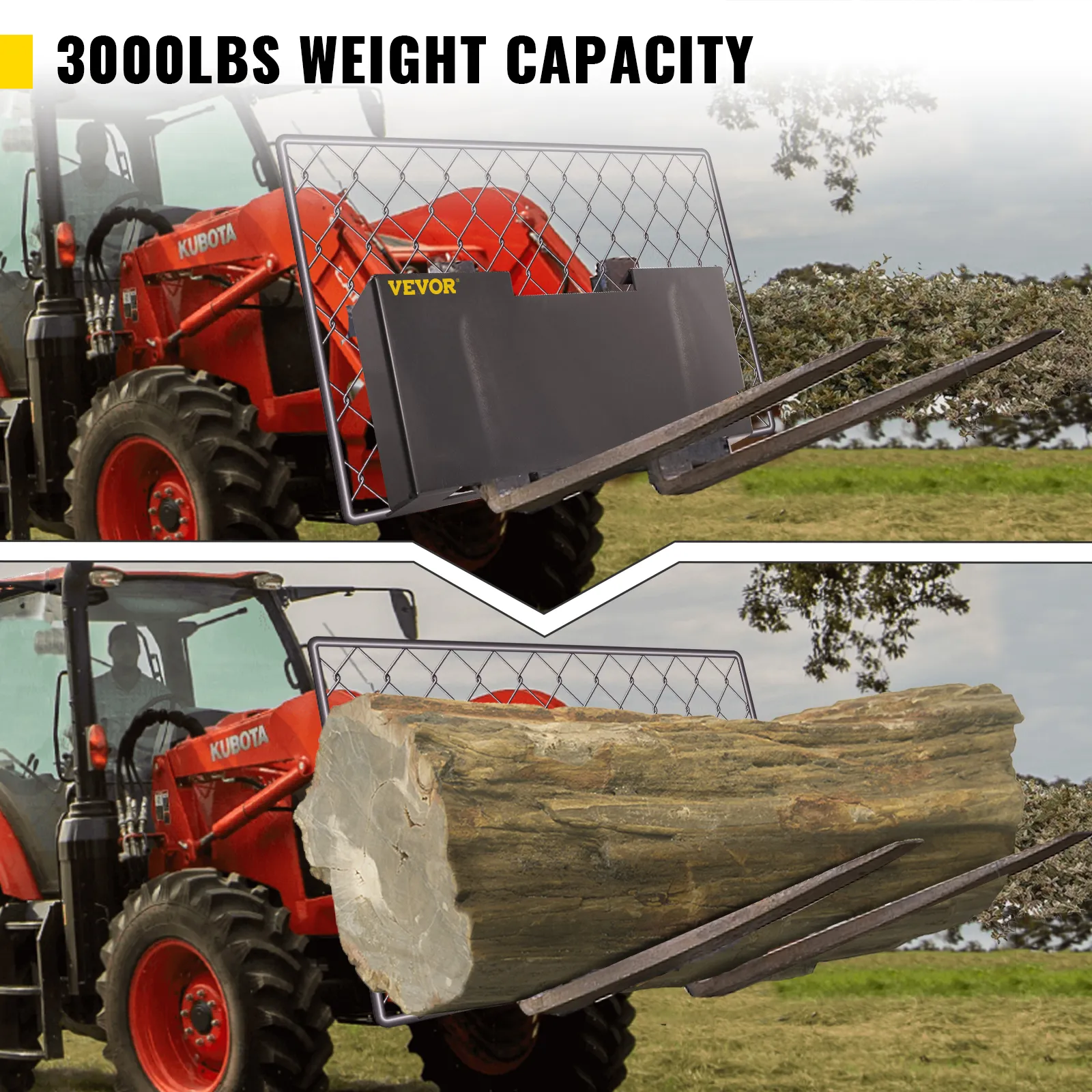 tractor using VEVOR skid steer mount plate to lift heavy loads, highlighting 3000lbs capacity.