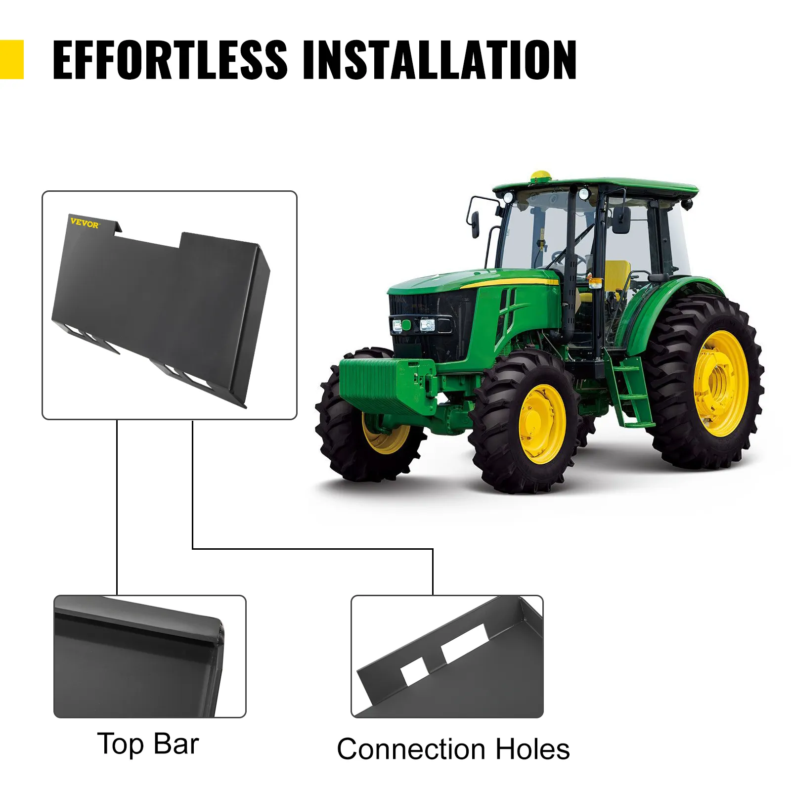 VEVOR skid steer mount plate on a green tractor with top bar and connection holes.