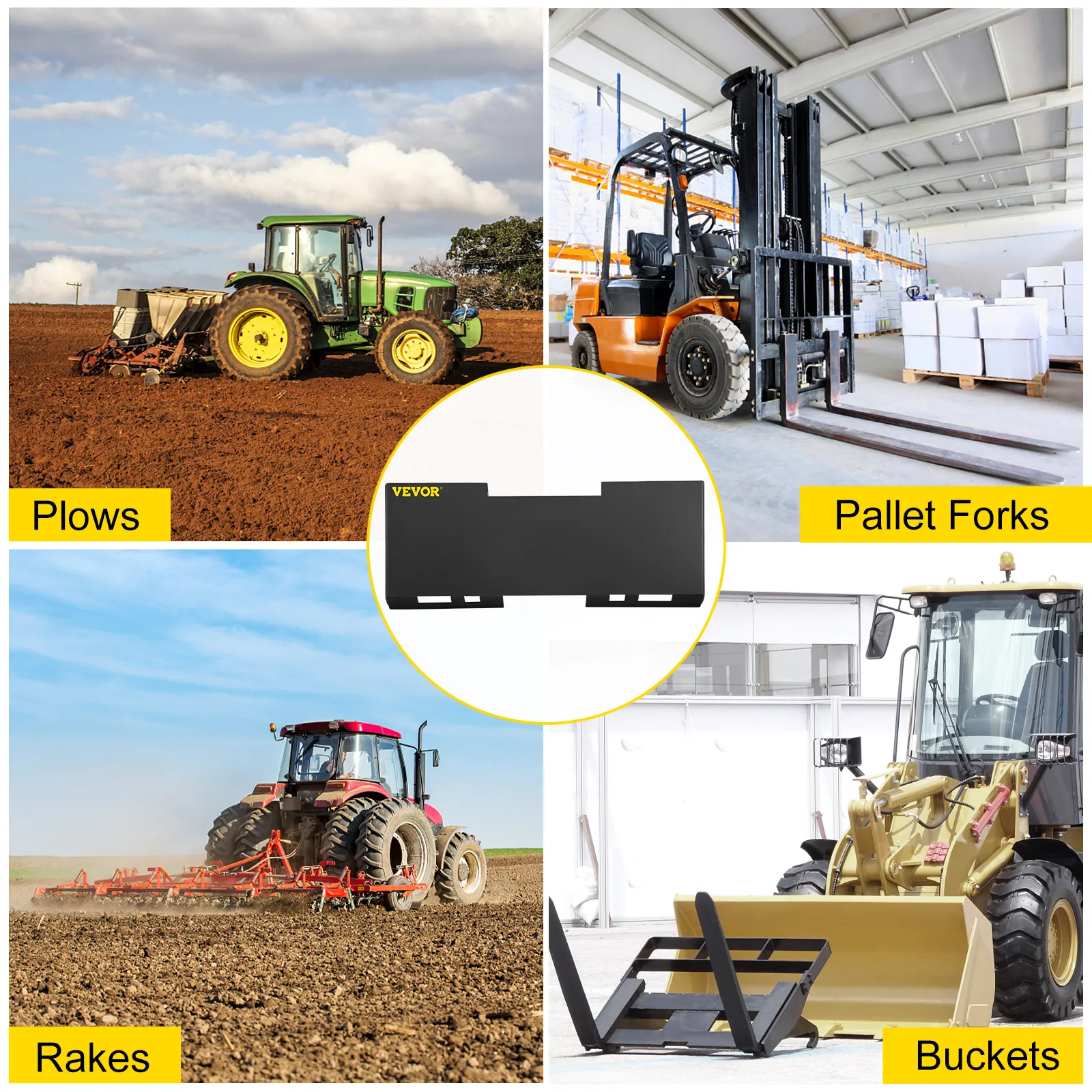 VEVOR skid steer mount plate with different equipment: plows, pallet forks, rakes, buckets.