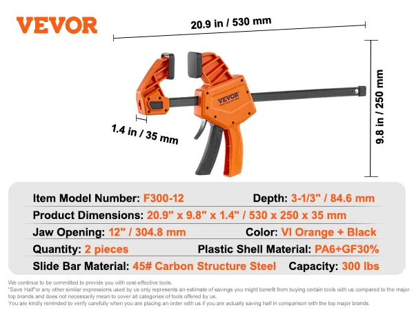VEVOR bar clamps, 12" jaw opening, 300 lbs capacity, dimensions 20.9"x9.8"x1.4", orange and black.