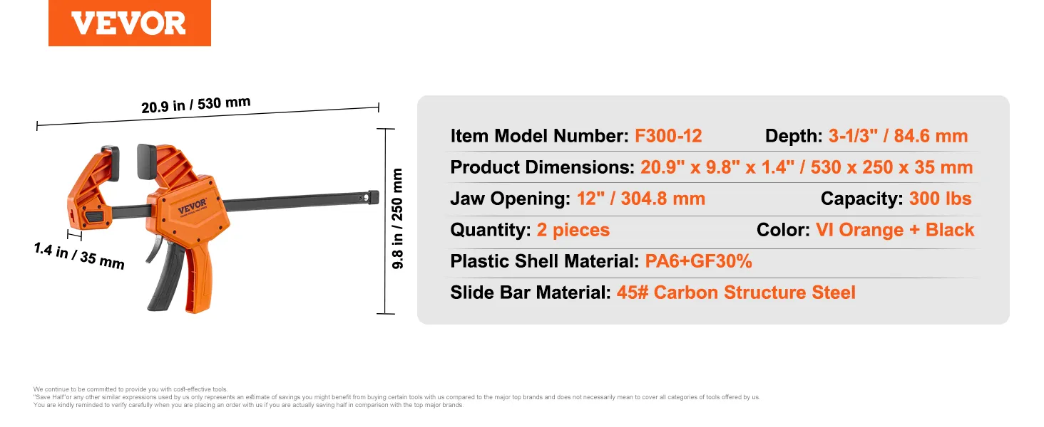 VEVOR bar clamps, 12" jaw opening, 300 lbs capacity, dimensions 20.9"x9.8"x1.4", orange and black.