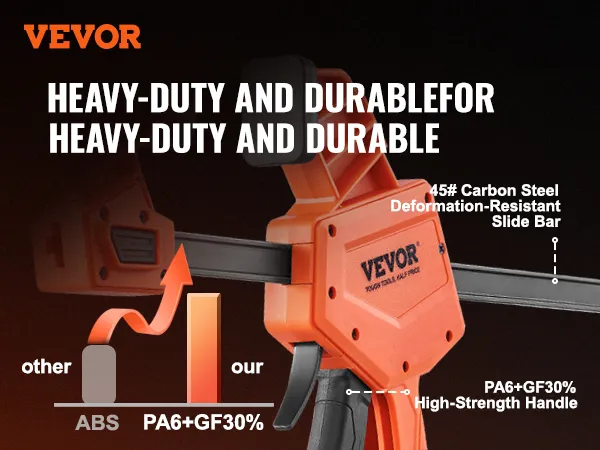 VEVOR bar clamps highlighting high-quality, durable materials with pa6+gf30% and carbon steel slide bar.