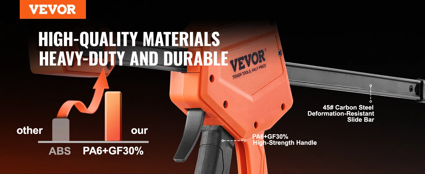 VEVOR bar clamps highlighting high-quality, durable materials with pa6+gf30% and carbon steel slide bar.