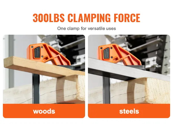 VEVOR bar clamps with tpu jaws, 300 lbs clamping force, secure wood and steel with non-slip grip.