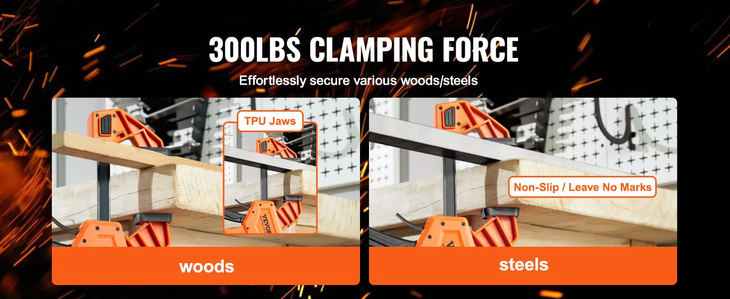 VEVOR bar clamps with tpu jaws, 300 lbs clamping force, secure wood and steel with non-slip grip.