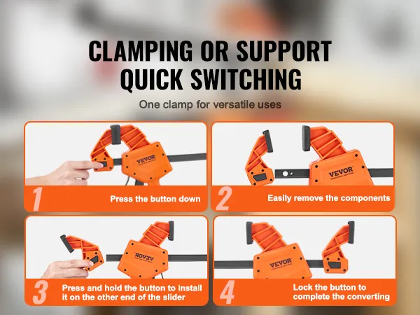 VEVOR bar clamps step-by-step usage guide, highlighting quick switching and versatile uses.