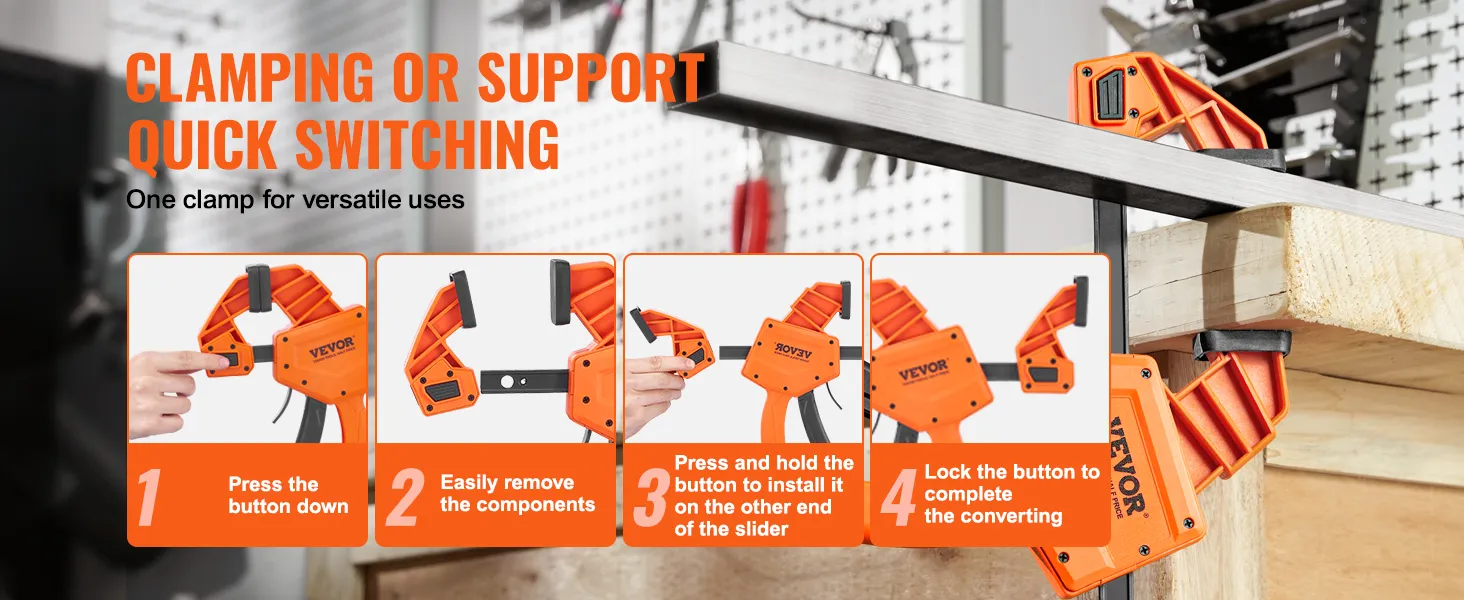 VEVOR bar clamps step-by-step usage guide, highlighting quick switching and versatile uses.