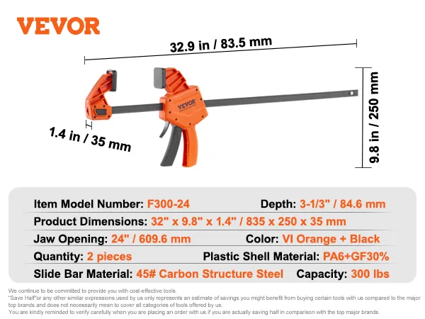VEVOR-Holzbearbeitungsklemmen, Modell f300-24, 32,9 Zoll lang, orange und schwarz, Backenöffnung 12 Zoll.