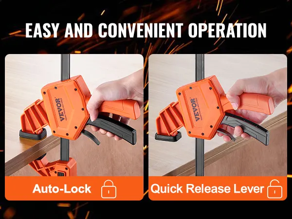 Auto-Lock- und Schnellspannhebel an den VEVOR-Holzbearbeitungsklemmen für eine einfache und bequeme Bedienung.