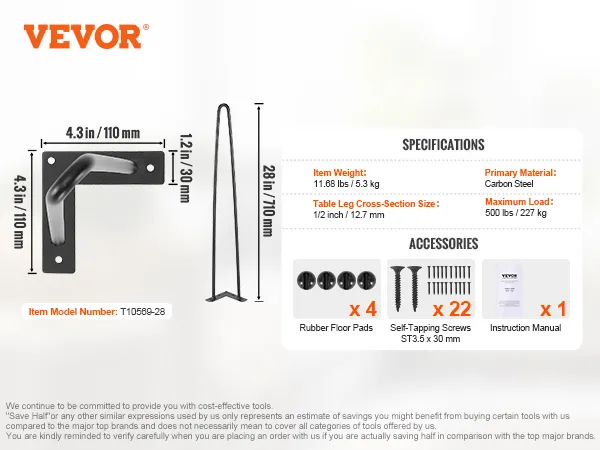 VEVOR 28" hairpin furniture legs with specs: carbon steel, 500 lbs load, 12.7 mm cross-section, and accessories.