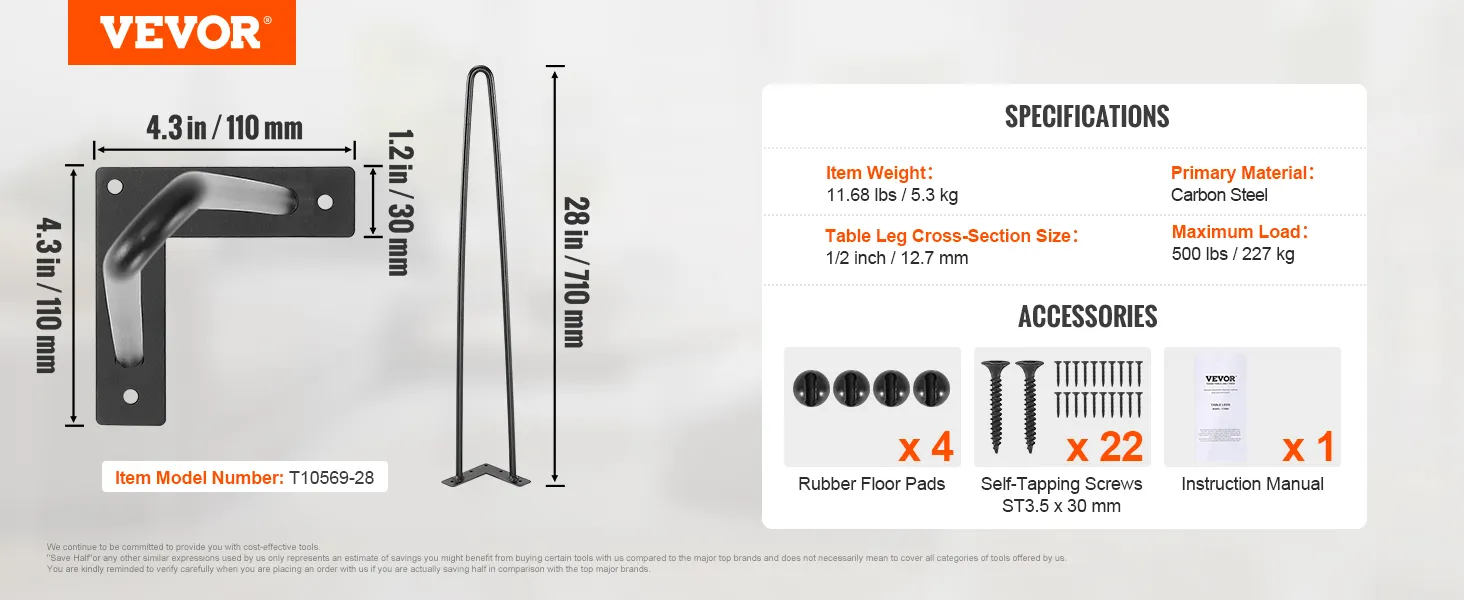 VEVOR 28" hairpin furniture legs with specs: carbon steel, 500 lbs load, 12.7 mm cross-section, and accessories.