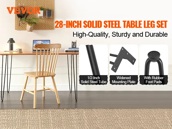 VEVOR 28" hairpin furniture legs solid steel table leg set for sturdy, durable, high-quality furniture.