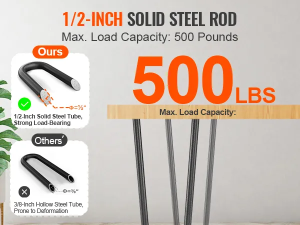 1/2-inch solid steel rod for VEVOR 28" hairpin furniture legs, 500 lbs max load capacity, strong design
