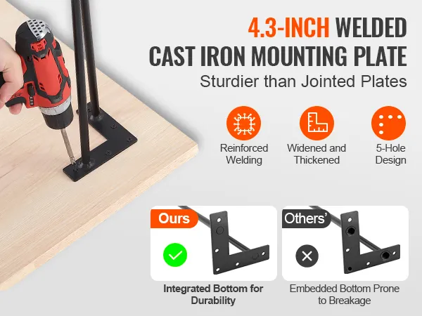 hand using a drill to attach VEVOR 28" hairpin furniture legs to wood, featuring 4.3-inch welded cast iron plate.