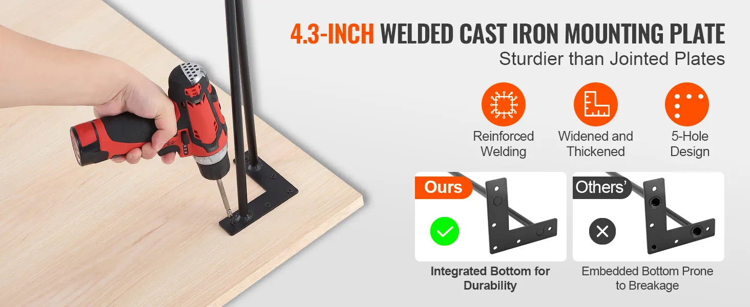 hand using a drill to attach VEVOR 28" hairpin furniture legs to wood, featuring 4.3-inch welded cast iron plate.