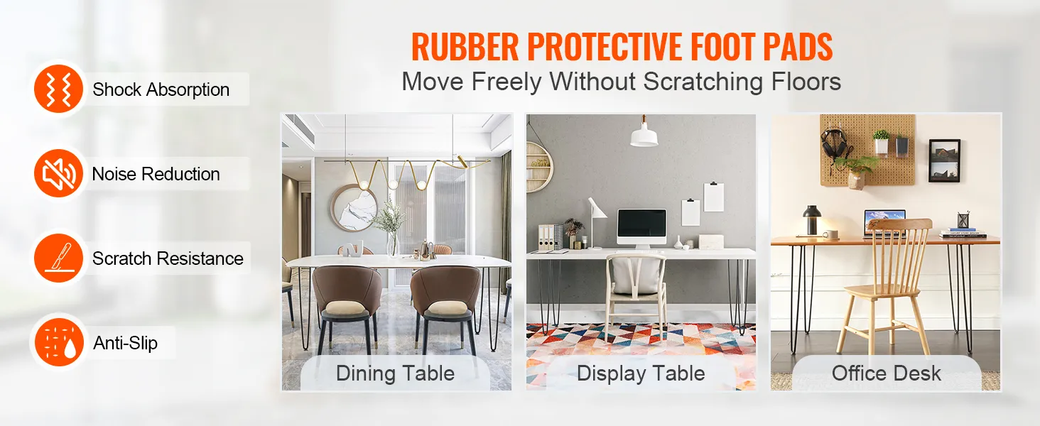rubber foot pads for shock absorption and scratch resistance on VEVOR 28" hairpin furniture legs. dining table, display table