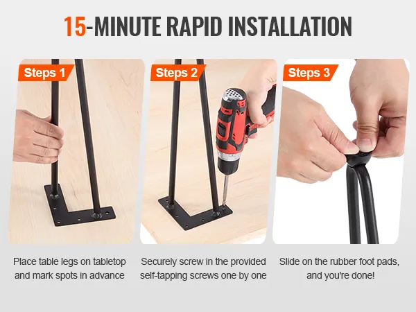 VEVOR 28" hairpin furniture legs installation steps: position, screw in place, attach rubber foot pads.