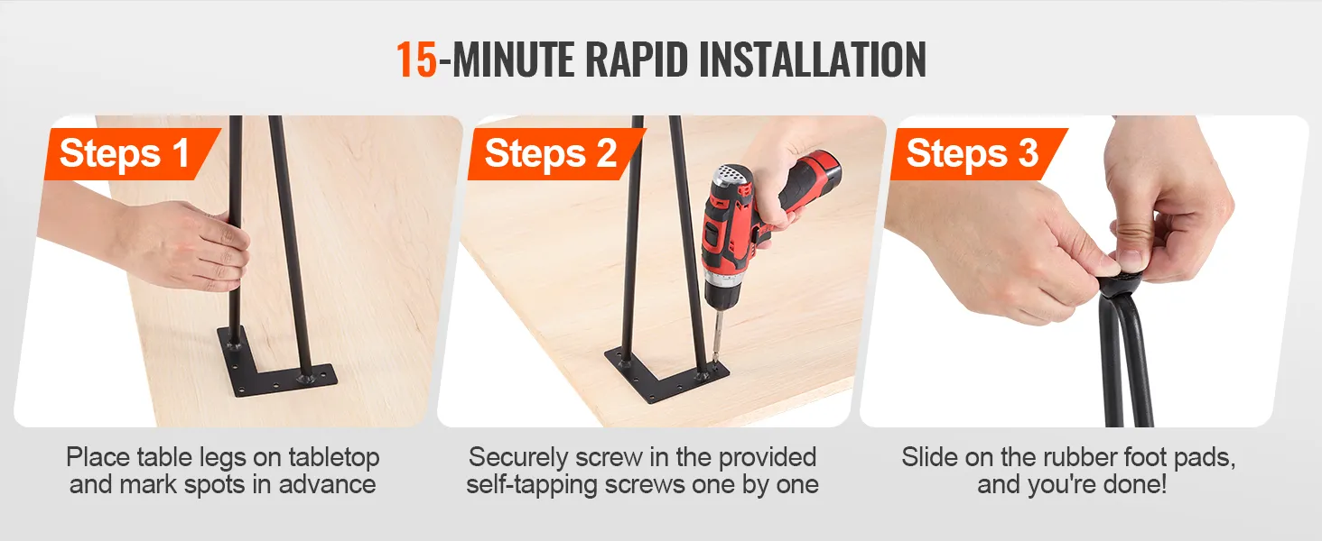 VEVOR 28" hairpin furniture legs installation steps: position, screw in place, attach rubber foot pads.